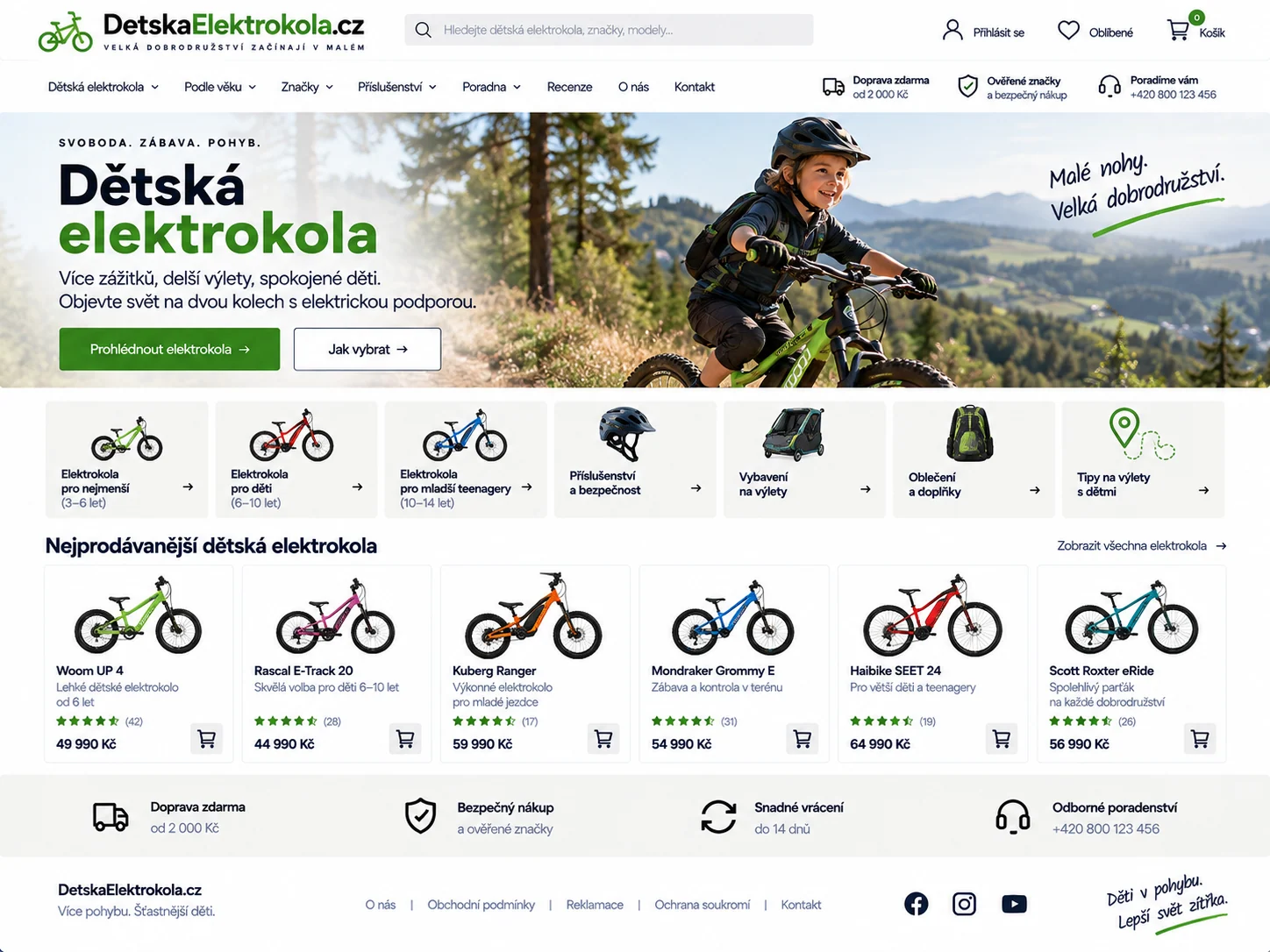 Ilustrační návrh možného webu DetskaElektrokola.cz zaměřeného na výběr dětských elektrokol a vybavení pro bezpečnou jízdu